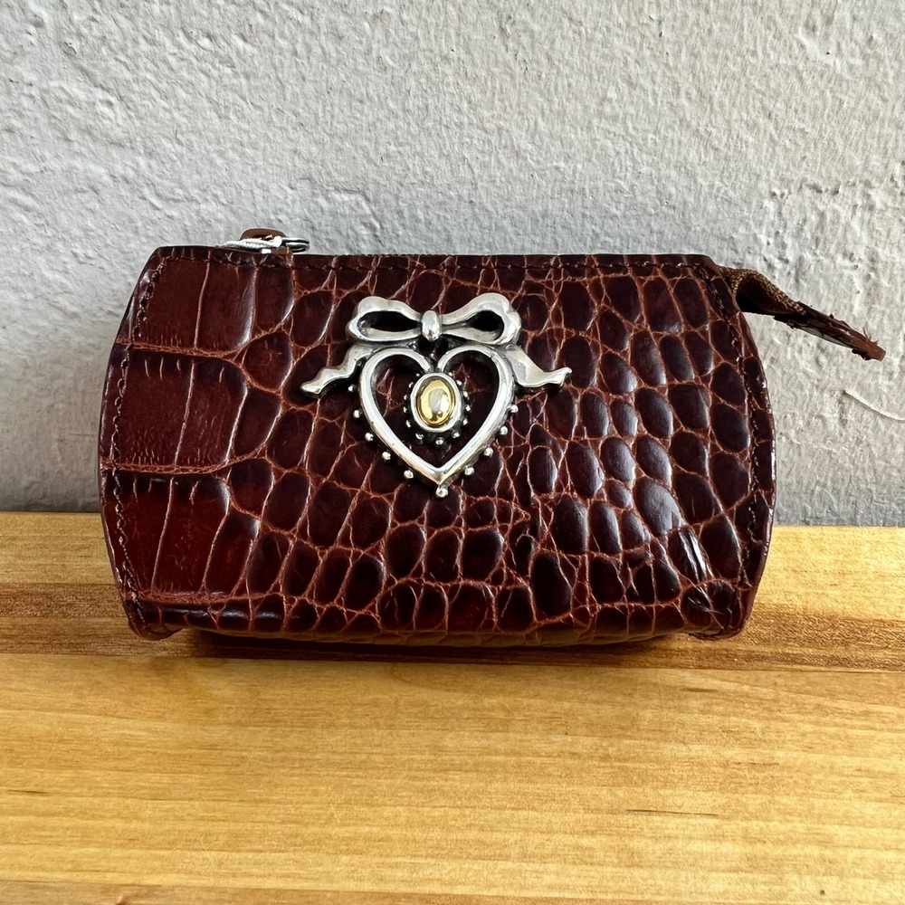 Brighton Coin Purse Croco Embossed Heart Bow Women Size OS Brown Leather Ornate